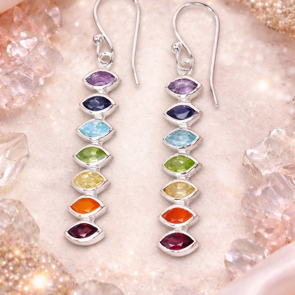 Silver tone Multicolor crystals Dangle Earrings - Picture 6 of 7